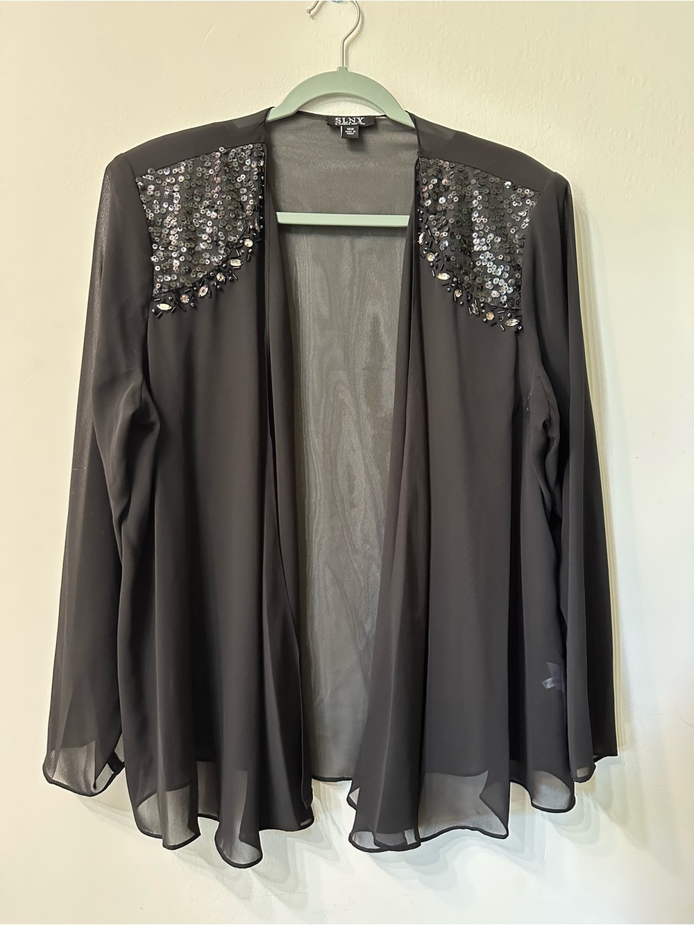 SLNY Black Sequin Beaded Sheer Open Jacket Women 16W Long Sleeve Mid-Length